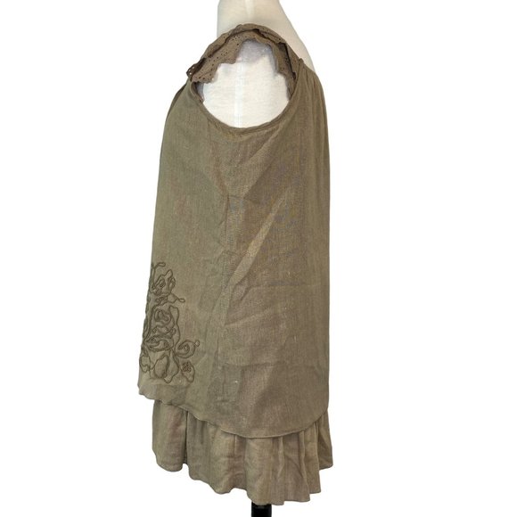 Lagenlook Tan Linen Dress Size M Embroidered Tiers Lightweight Blue Bird Boho - Picture 3 of 12